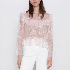 Zara Pink Sequin Long-Sleeve Semi-Sheer Ruffle Top Glam Glitz Sparkles Size S
